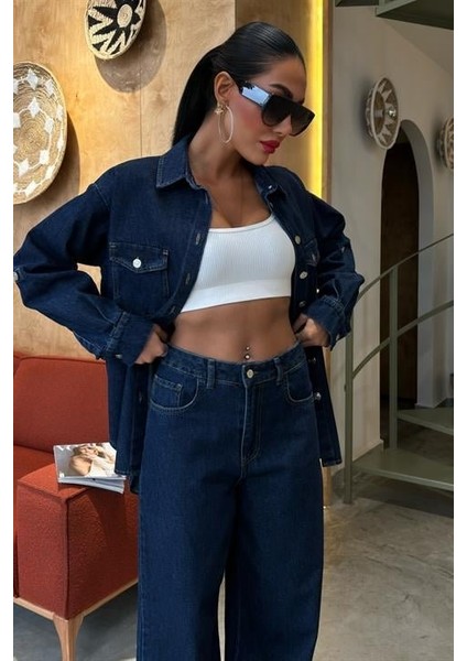 Gömlek ve Palazzo Pantolon Klasik Denim Takım 10070