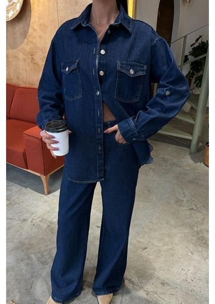 Gömlek ve Palazzo Pantolon Klasik Denim Takım 10070