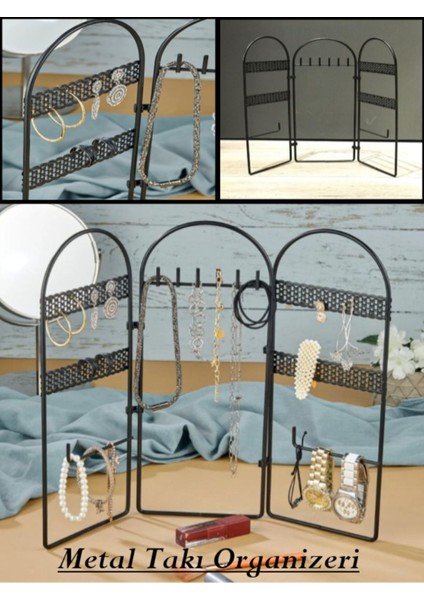 Siyah Metal Takı Düzenleyici 3 Parça Küpe, Kolye ve Yüzük Standı