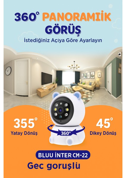 Cmr- 22 Panda Güvenlik Kamerası – 360° Dönüş, Gece Görüşü, Hareket Takipli, Çift Yönlü Ses