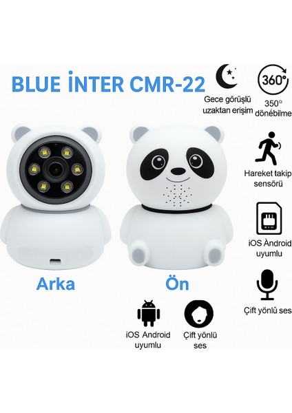 Cmr- 22 Panda Güvenlik Kamerası – 360° Dönüş, Gece Görüşü, Hareket Takipli, Çift Yönlü Ses