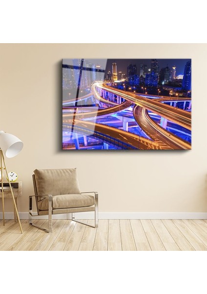 Şehir Kavşakları - Neon Işıklı Otoyollar Cam Tablo
