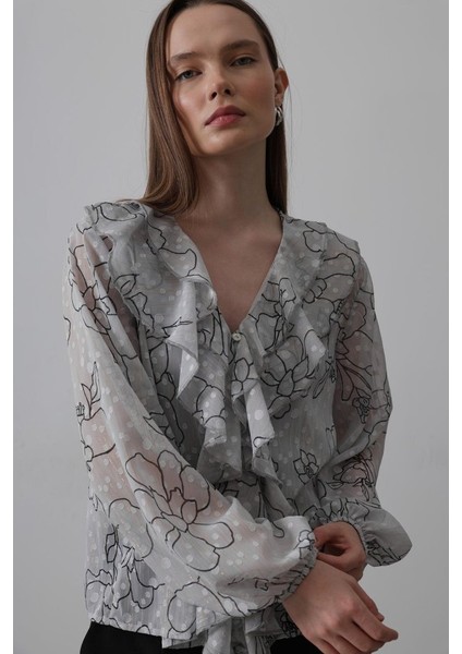 Simli Fırfırlı Gömlek - Gri