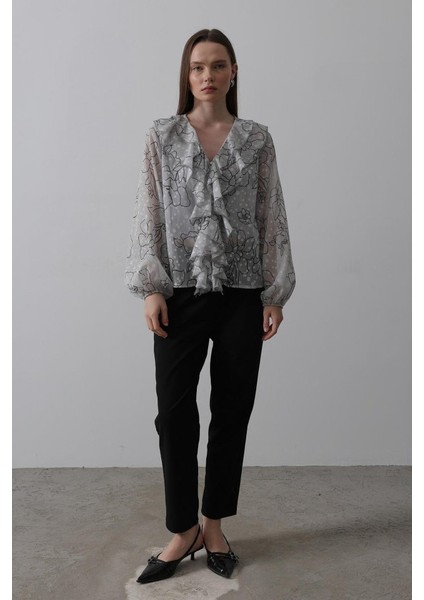 Simli Fırfırlı Gömlek - Gri fırsatları