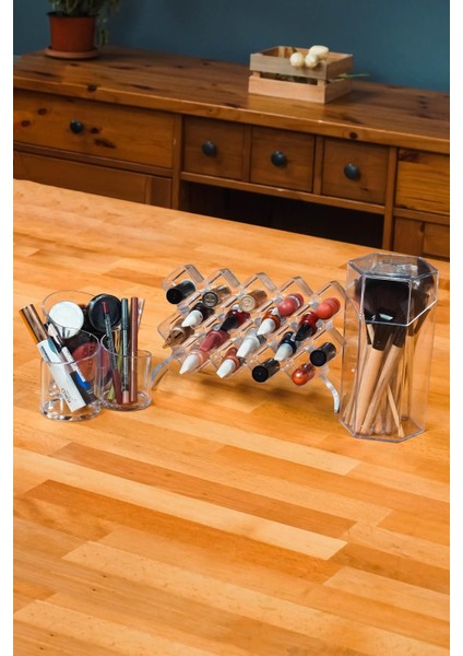 Şeffaf 3 Parça Makyaj Organizer Seti, Kozmetik ve Fırça Düzenleyici