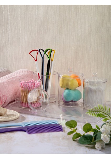 Şeffaf 4'lü Banyo Düzenleyici Seti, Kulak Pamuğu, Diş İpi ve Makyaj Organizer modelleri