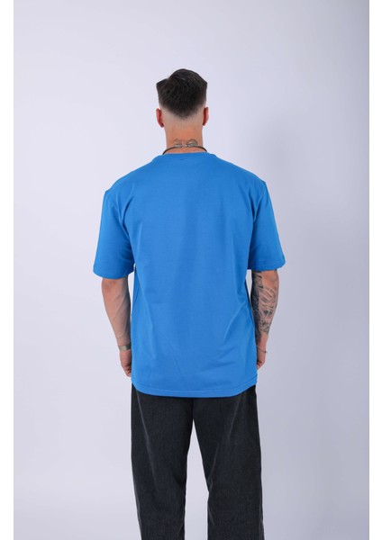 Unisex %100 Pamuk Oversize Düz T-Shirt Mavi fırsatları