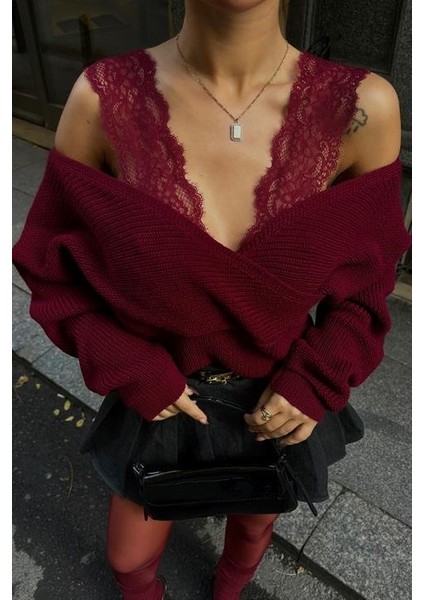 Dantel Detaylı Kruvaze Triko Kazak 1360 fiyatları