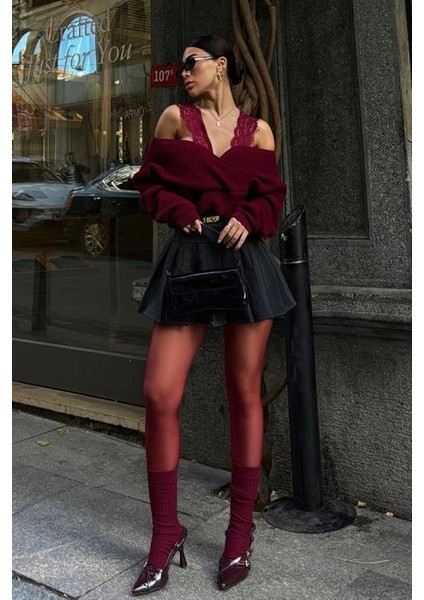 Dantel Detaylı Kruvaze Triko Kazak 1360 modelleri