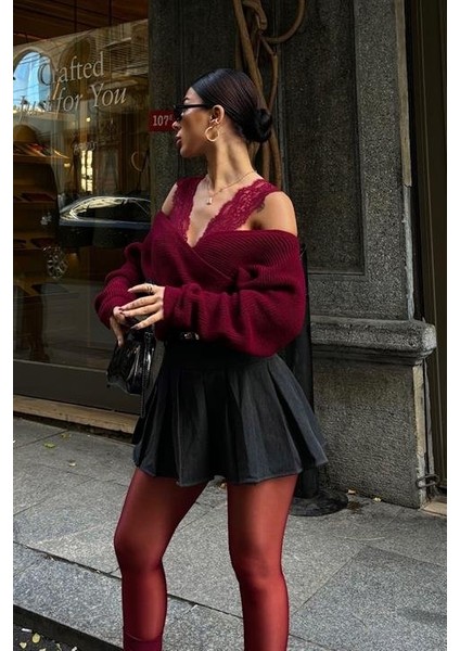 Dantel Detaylı Kruvaze Triko Kazak 1360 fırsatları