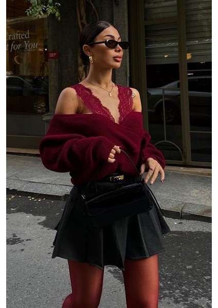 Dantel Detaylı Kruvaze Triko Kazak 1360