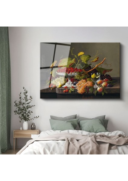 Severin Roesen - Meyve ve Çiçek Kompozisyonu Cam Tablo