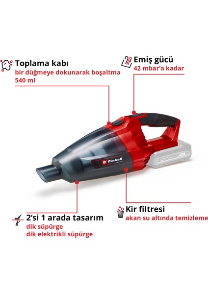 Akülü El Süpürgesi TE-VC 18 Li-Solo Power X-Change (18V, 42 mbar emiş gücü, 540 ml toz haznesi, 3 başlık, uzatma aparatı, duvar askısı dahil, akü dahil değildir) - 2347120