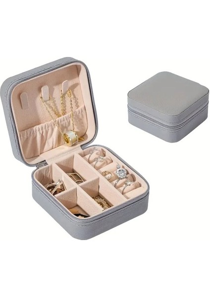 Güzel ve Pratik Seyahat Mini Takı Kutusu, Şık Gri Tasarım.
