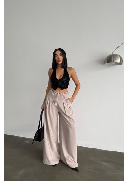 Tasarım Salaş Pantolon Bel Ip Detaylı - Bej