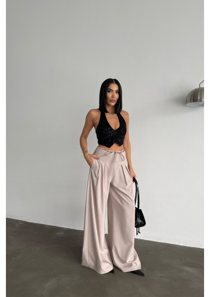 Tasarım Salaş Pantolon Bel Ip Detaylı - Bej fiyatları