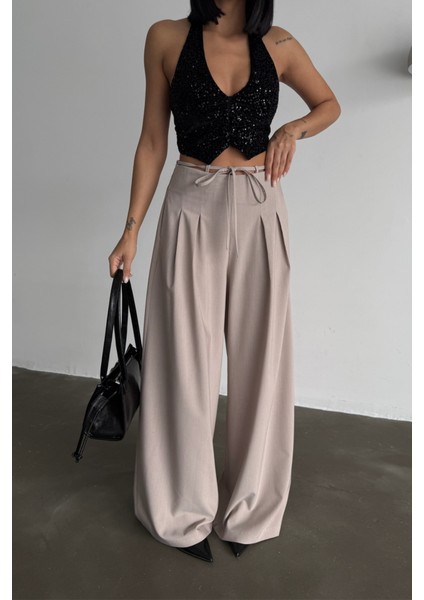 Tasarım Salaş Pantolon Bel Ip Detaylı - Bej modelleri