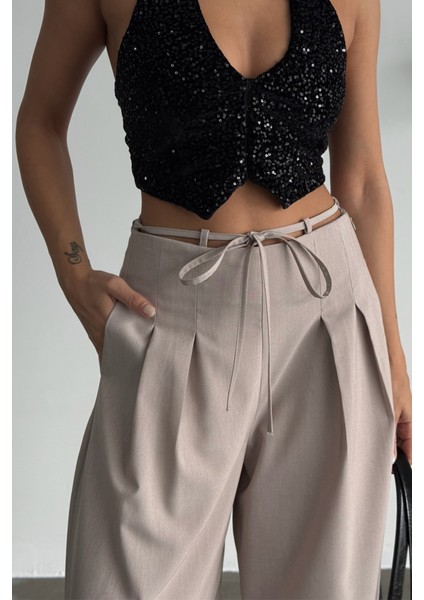 Tasarım Salaş Pantolon Bel Ip Detaylı - Bej fırsatları