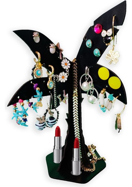 Şık Siyah Palmiye Takı ve Aksesuar Organizeri, Küpe, Kolye, Ruj Düzenleyici