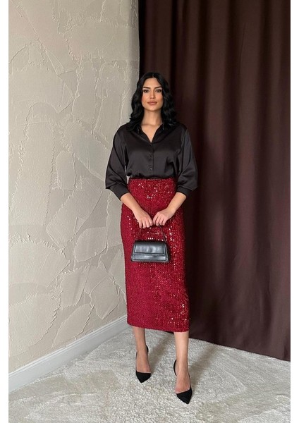 Bordo Pulpayetli Parlak Etek