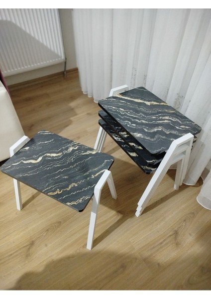 Zigon Sehpa 4'lü Mermer Desenli Tepsi Model