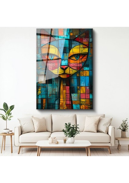 Mozaik Kedi - Renkli Geometrik Desenli Portre Cam Tablo