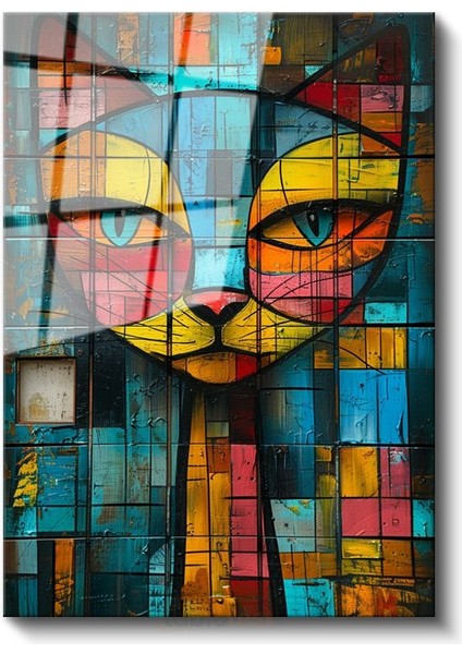 Mozaik Kedi - Renkli Geometrik Desenli Portre Cam Tablo fiyatları