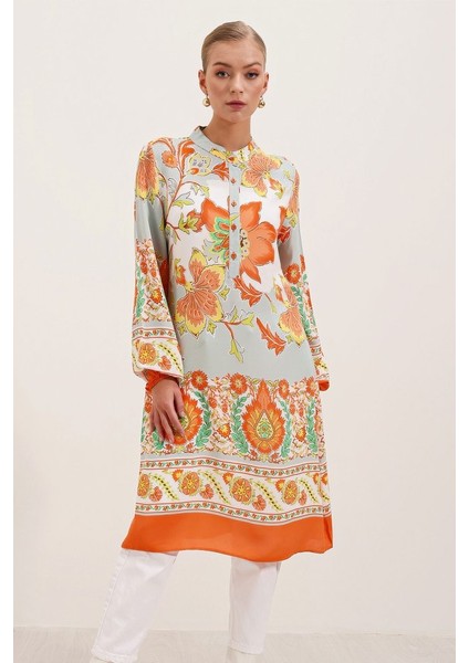 5903 Desenli Viskon Elbise - Turuncu