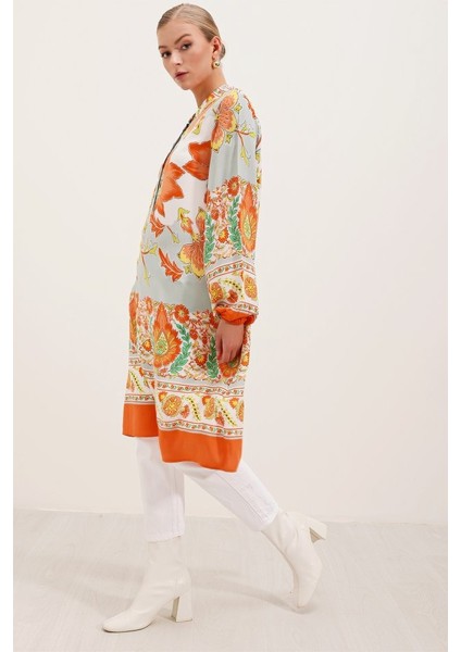 5903 Desenli Viskon Elbise - Turuncu fiyatları