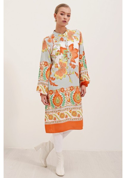 5903 Desenli Viskon Elbise - Turuncu modelleri