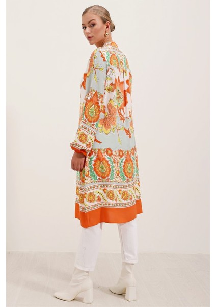 5903 Desenli Viskon Elbise - Turuncu fırsatları