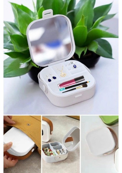 Mini Seyahat Takı ve Makyaj Düzenleyici Kutu, Beyaz, 9X9X4 cm