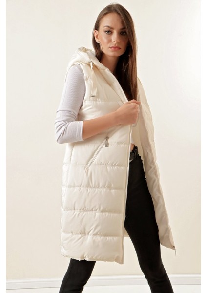 5140 Kapşonlu Uzun Şişme Yelek - Ekru modelleri