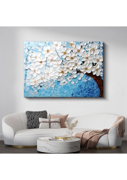 Beyaz Çiçek Ağacı - Kabartma Görünümlü Dokulu Sanat Eseri Cam Tablo