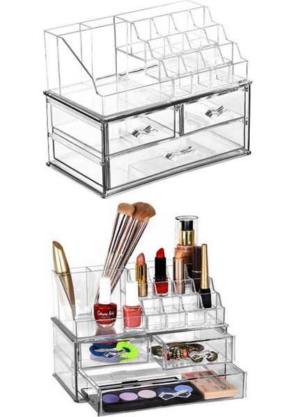 Şeffaf 3 Çekmeceli Takı ve Makyaj Organizeri, Üst Raflı Düzenleyici