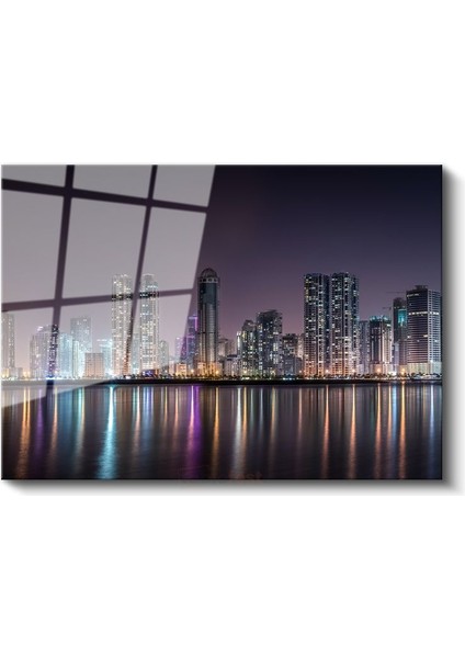 Dubai Gökdelenleri - Renkli Işıklar Yansıması Cam Tablo fiyatları