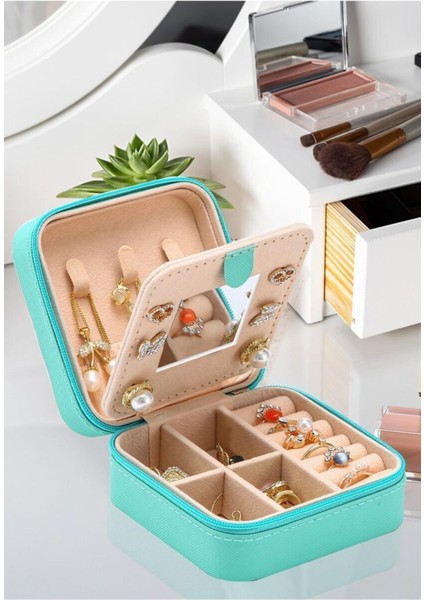 Yeşil Seyahat Boy Aynalı 3 Bölmeli Takı Organizer Kutusu