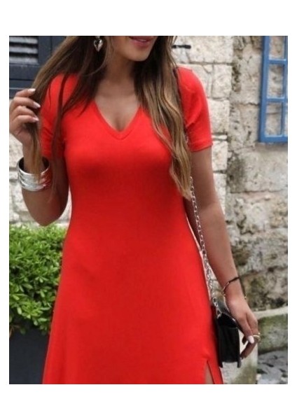 Kadın Kısa Kollu V Yaka Maxi Boy Elbise 124 cm