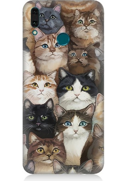 Huawei Y9 2019 Uyumlu Kedi Kalabalığında Kaos Desenli Silikon Kılıf