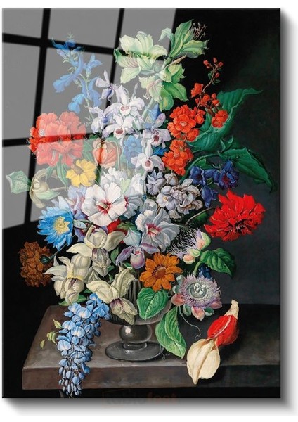 Jan Frans Van Dael - Renkli Çiçek Buketi Cam Tablo