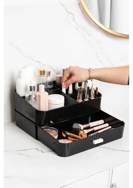 Şık Çok Bölmeli Makyaj Organizeri, Ruj ve Parfüm Rafı Siyah