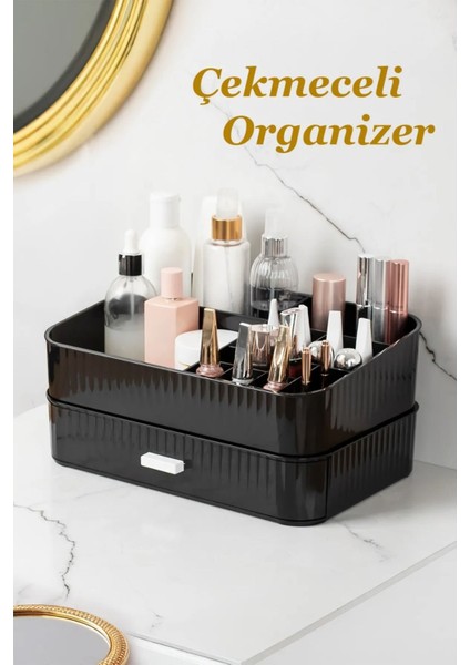 Şık Çok Bölmeli Makyaj Organizeri, Ruj ve Parfüm Rafı Siyah fiyatları