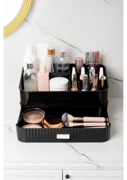 Şık Çok Bölmeli Makyaj Organizeri, Ruj ve Parfüm Rafı Siyah modelleri