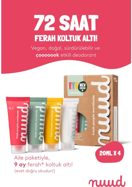 Family Pack 4 x 20 ml 72 Saat Etkili, Doğal & Vegan Parfümsüz Krem Deodorant - Aile Paketi