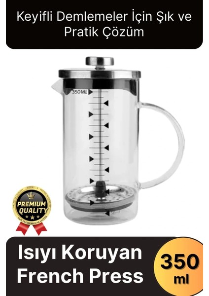 Çok Amaçlı Isıyı Koruyan Süzgeçli Bitki Çayı Filtre Kahve Demlik Ölçü Kabı Cam French Press 350 ml