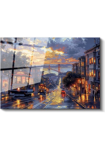 San Francisco Tramvayları - Golden Gate Manzaralı Cadde Cam Tablo