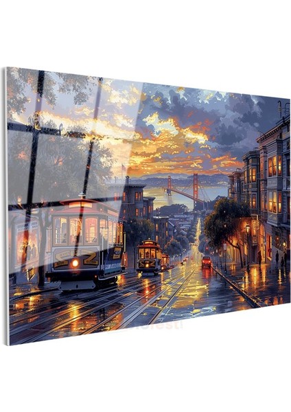San Francisco Tramvayları - Golden Gate Manzaralı Cadde Cam Tablo