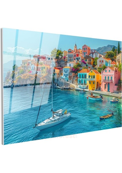 Santorini Evleri - Turkuaz Deniz Manzarası Cam Tablo modelleri