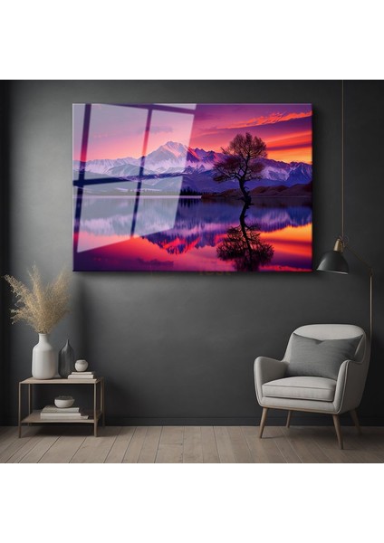 Alacakaranlık Dağları - Mor Gökyüzü Altında Yalnız Ağaç Cam Tablo