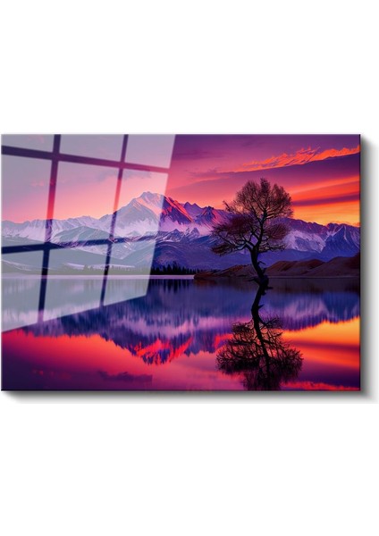 Alacakaranlık Dağları - Mor Gökyüzü Altında Yalnız Ağaç Cam Tablo fiyatları